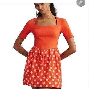 Anthropologie red polka dot square neck‎ mini dress small